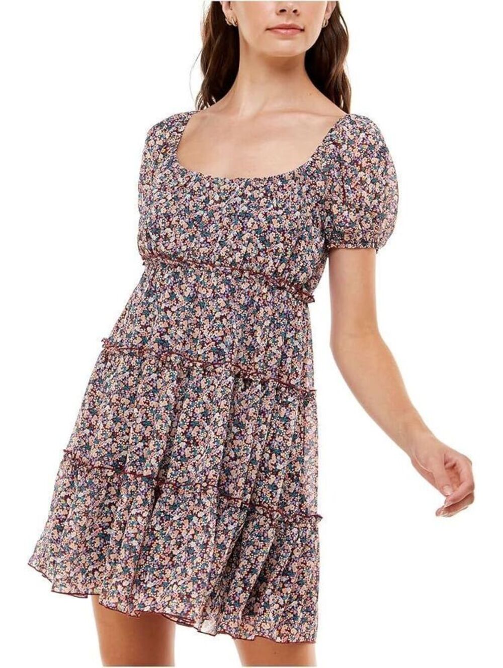 TRIXXI Empire Waist Mini Dress Tiered Fitted Scoop Neck Party Puff Sleeve Size S